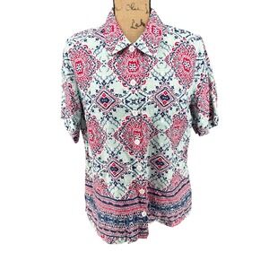 Coldwater Creek Button Up Shirt M Blue Red‎ 100% Linen Medallion Print Casual